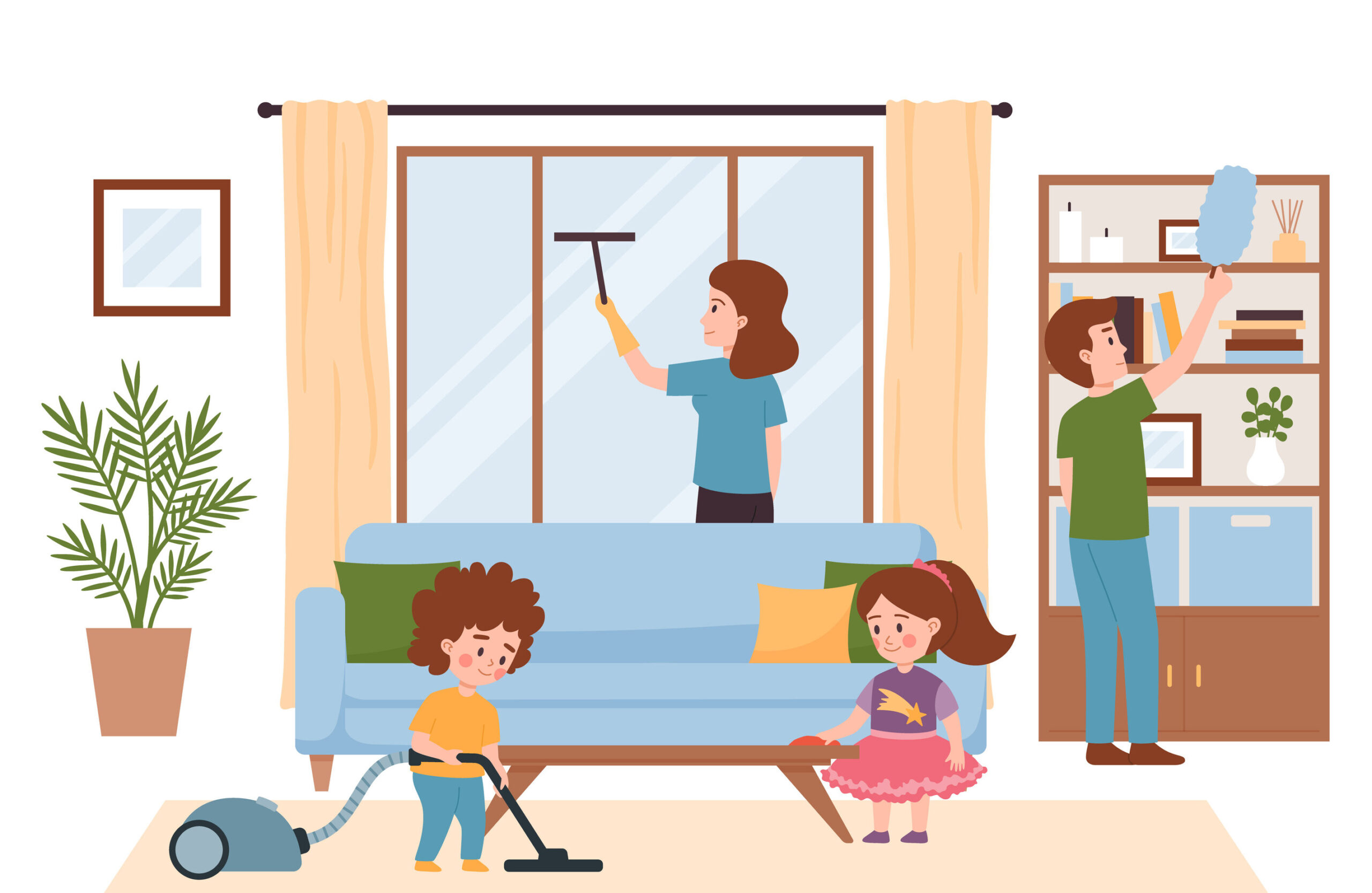 Vector art of woman and daughter in a garden.