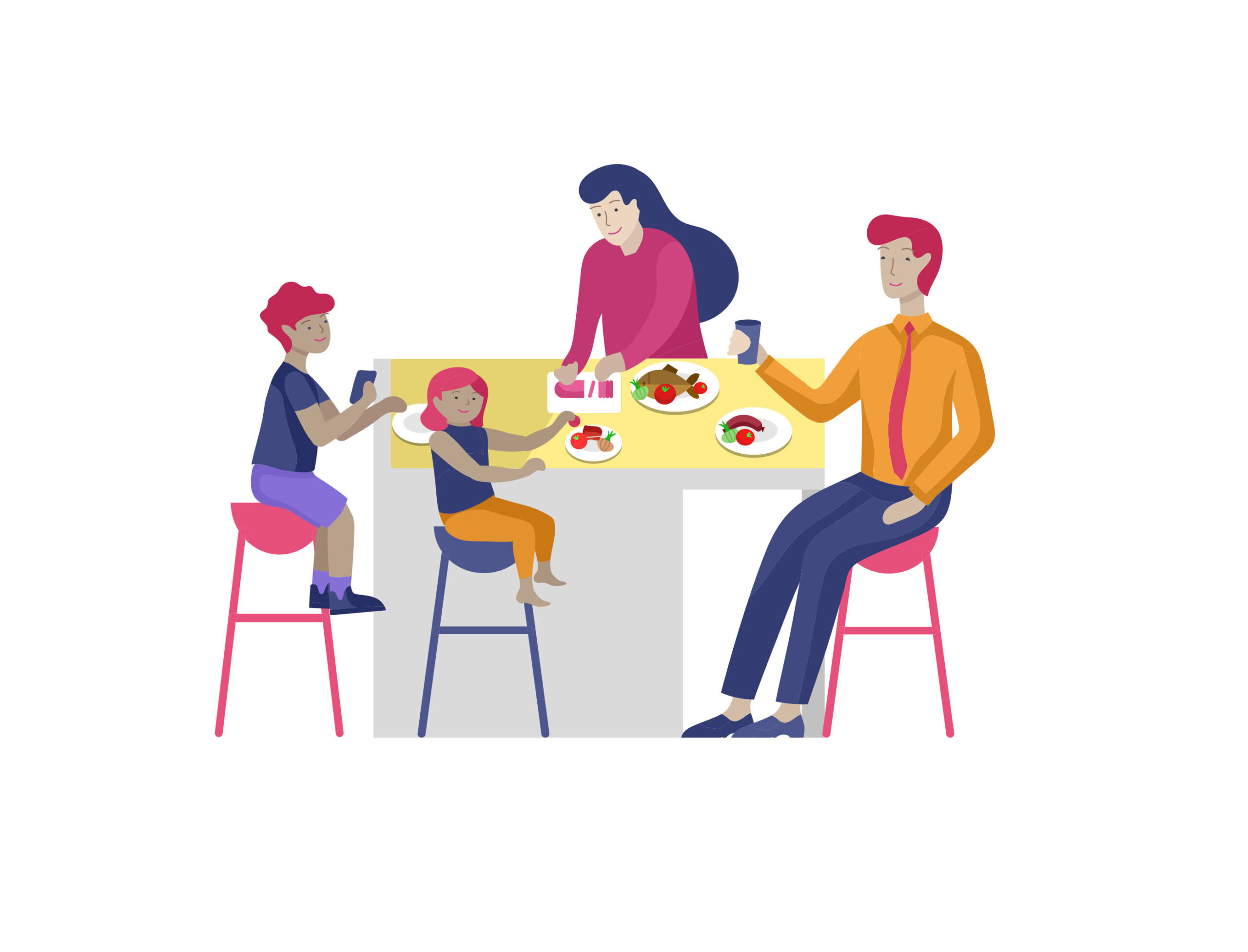 Vector art of a family eating dinner.